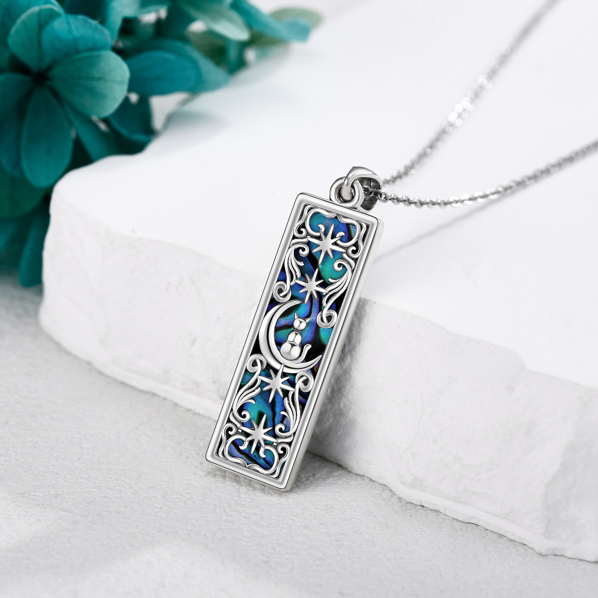 Sterling Silver Cat Synthetic Abalone Shell Pendant Necklace
